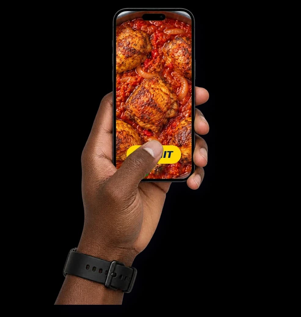 A thumb tapping Submit on a phone showing a pot of stew
