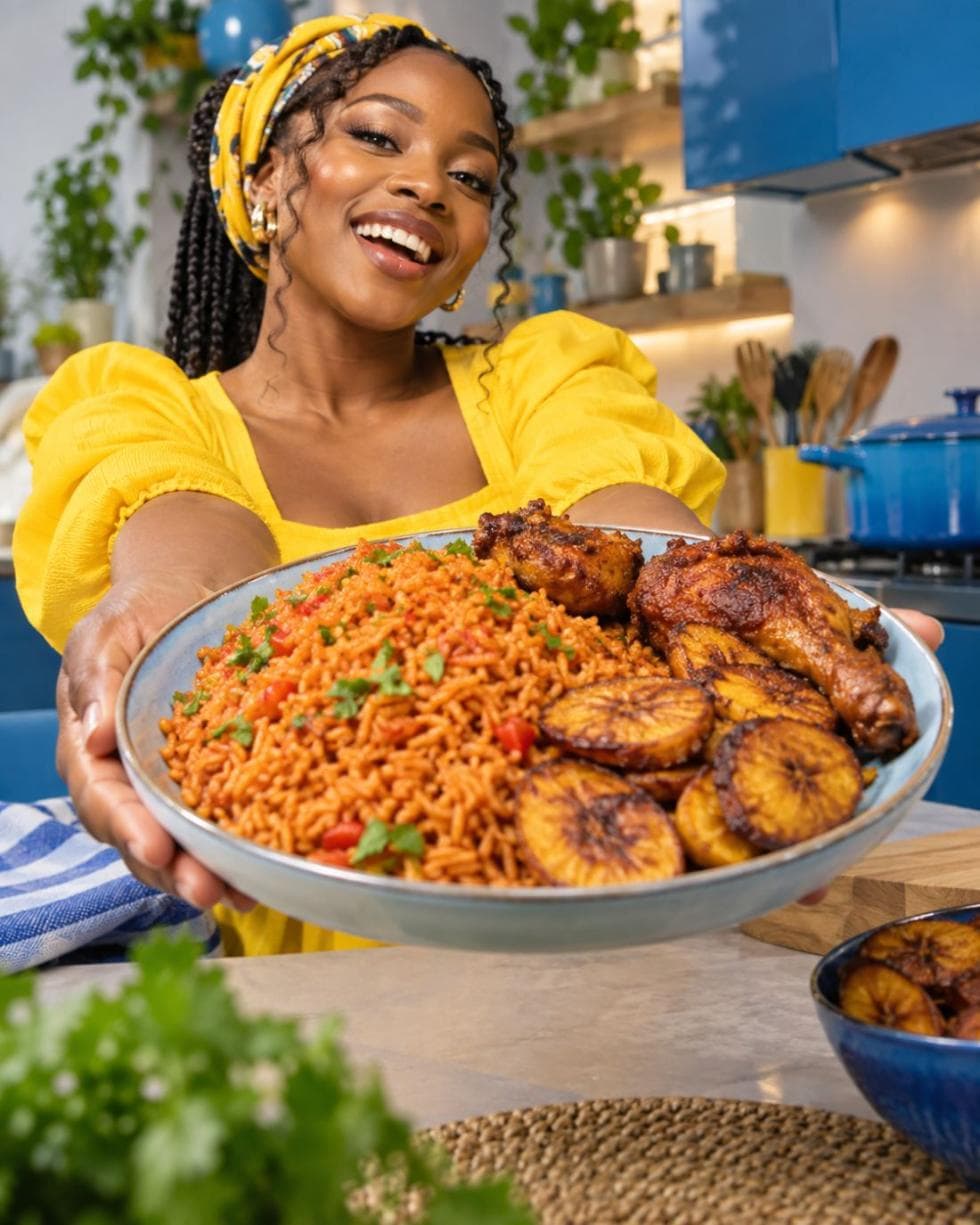 A cook presenting a platter of jollof rice, plantain and chicken